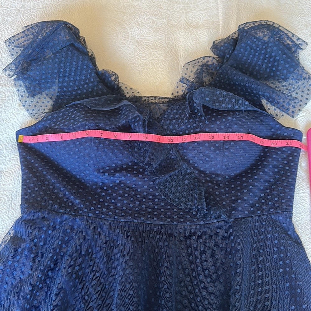 🛍️SALE🛍️ Venvienna Polka Dot Navy Blue Lace Midi Dress with Ruffles Details - Picture 9 of 11